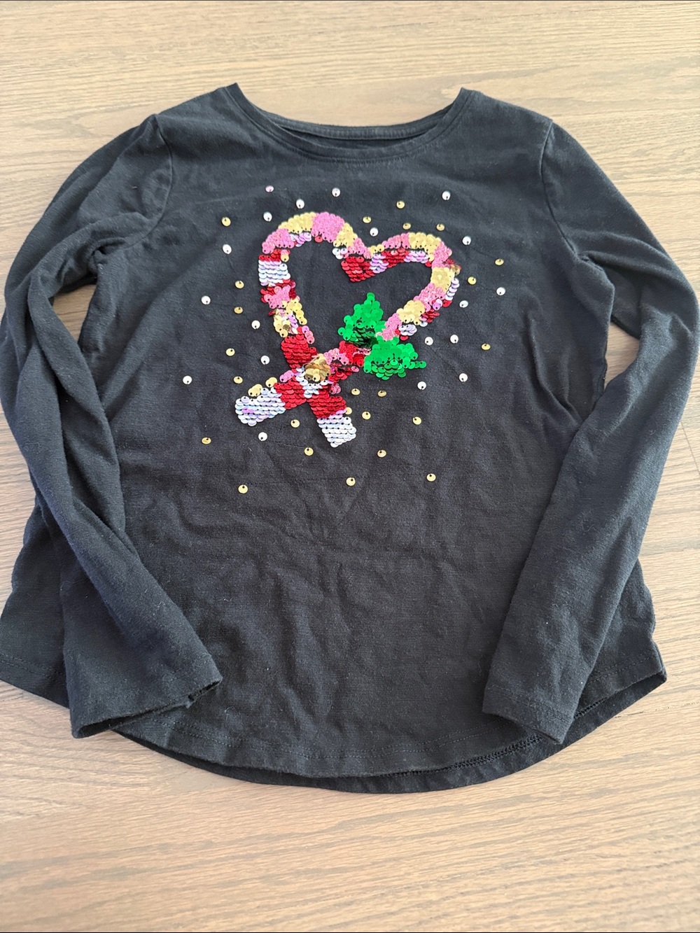 Candy Cane Black Long-Sleeve Sequin Heart Tee